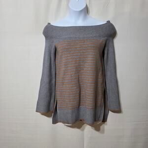 Anthropologie Gray & Brown Striped Elise Off the Shoulder Tunic Sweater Small